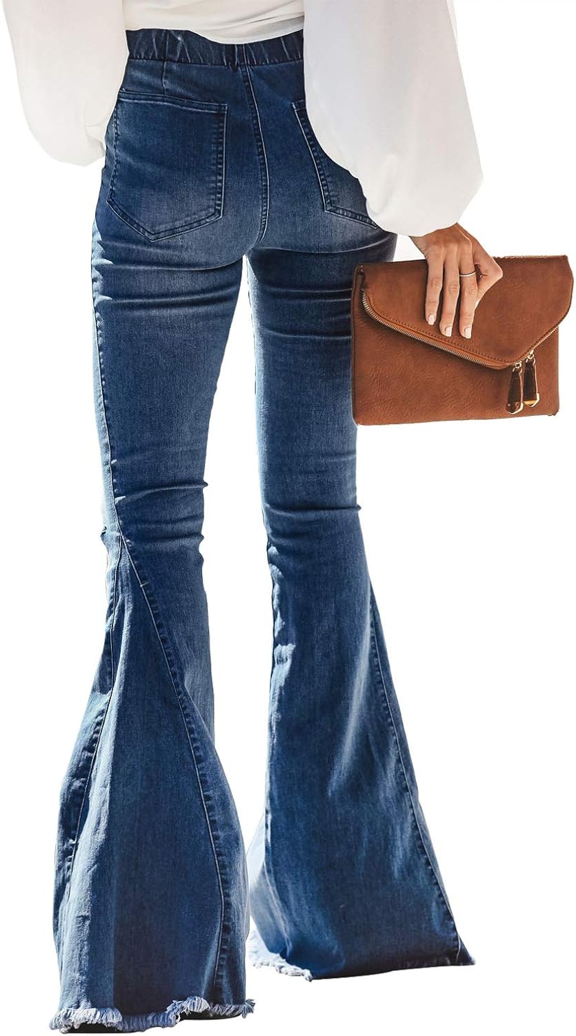 Sidefeel Women Destoryed Flare Jeans Elastic Waist Bell Bottom Raw Hem Denim Pants at  Women's Jeans store