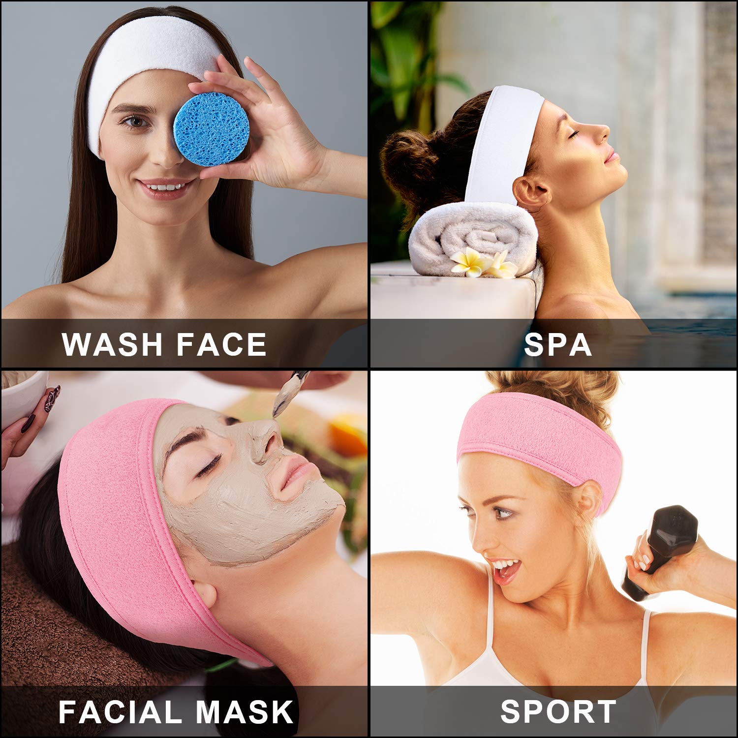Whaline Spa Facial Headband Make Up Wrap Head Terry Cloth Headband Adjustable Towel for Face Washing, Shower, 3 Pieces (White, Black, Pink) : Beauty