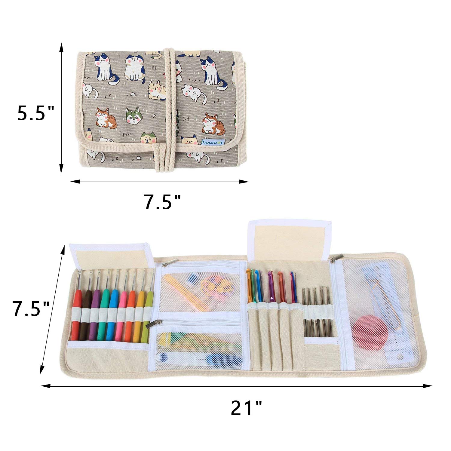 Teamoy Crochet Hook Case, Roll Bag Holder Organizer for Various Crochet Needles and Knitting Accessories, Cartoon Cats