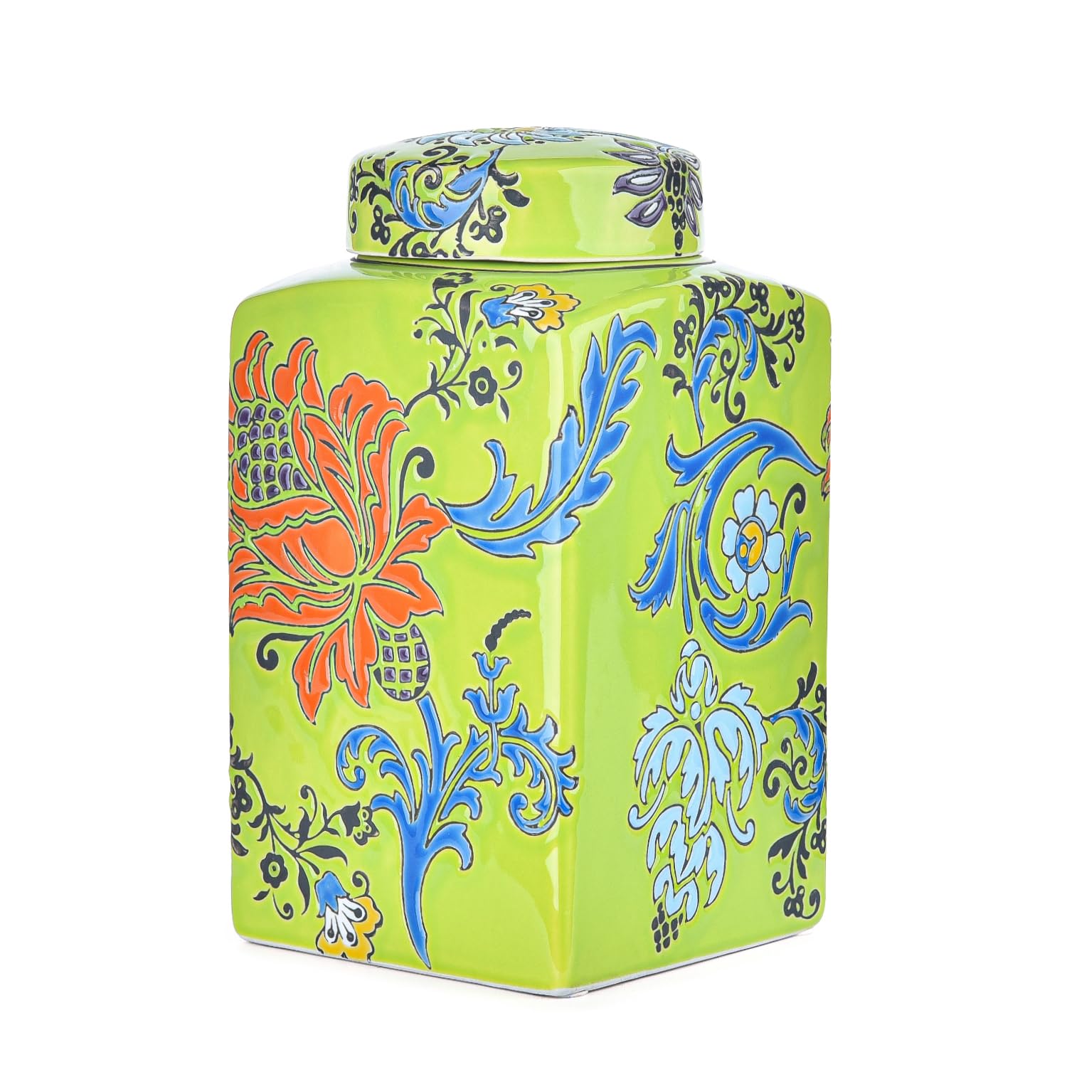 Sungmor Decorative Ceramic Container with Lid, Square Ceramic Storage Jar Tea Canister, 8.2" Hand Painted Floral Pattern Porcelain Vase for Table Centerpiece, Green Glazed Ginger Jar for Home Decor
