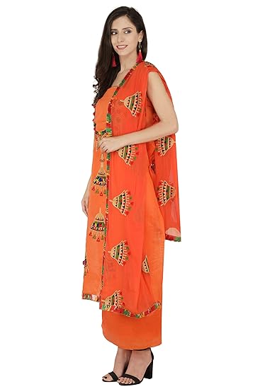 Women Ethnic Dress Material Orange Chanderi Suit (Salwar Suit Dupatta Unstitched)