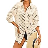 Fisoew Womens Hollow Out Swimsuit Coverup Shirt Button Down Bathing Suit Cover Ups Beachwear