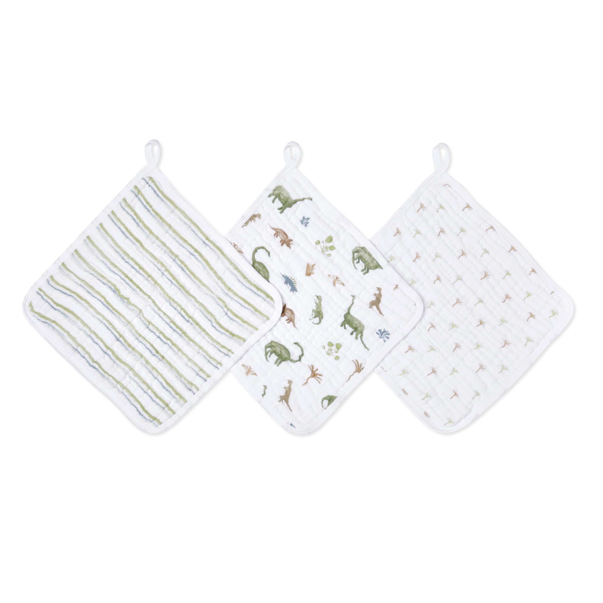 aden + anais Essentials Classic Washcloth Set, Super Soft 100% Cotton Muslin, 3-Pack, Dino Jungle