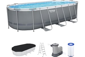 Bestway Power Steel 18' x 9' x 48" Oval Metal Frame Above Ground Outdoor Swimming Pool Set with 1500 GPH Filter Pump, Ladder, and Pool Cover