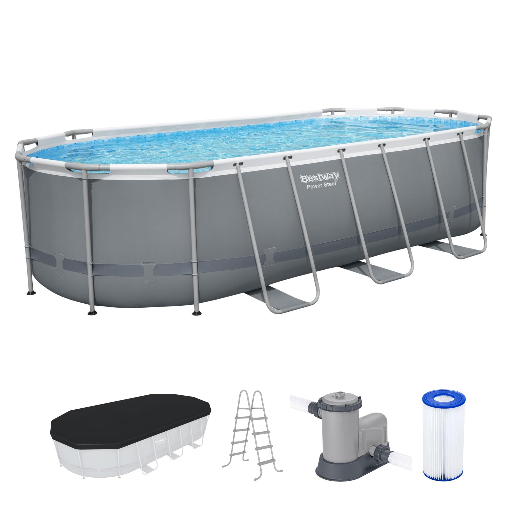 Bestway Steel Pro MAX 18' x 9' x 48 Piscina sobre el suelo, marco de metal ovalado, juego de piscina al aire libre con bomba de filtro, escalera y cubierta, gris
