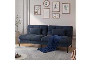 COMHOMA Convertible Futon Sofa Bed, 68″Fabric Futon Couch with Adjustable Backrest, Folding Futon Sleeper Recliner for Living Room Furniture (Blue)