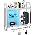Bestier LED Gaming Floating Shelves for Wall, 25" Wall Mounted Shelf Pipe Adjustable Glass Shelves, White Hanging Display Rack with 6 S-Hooks Towel Bar, Gaming Bedroom Decor Shelf
