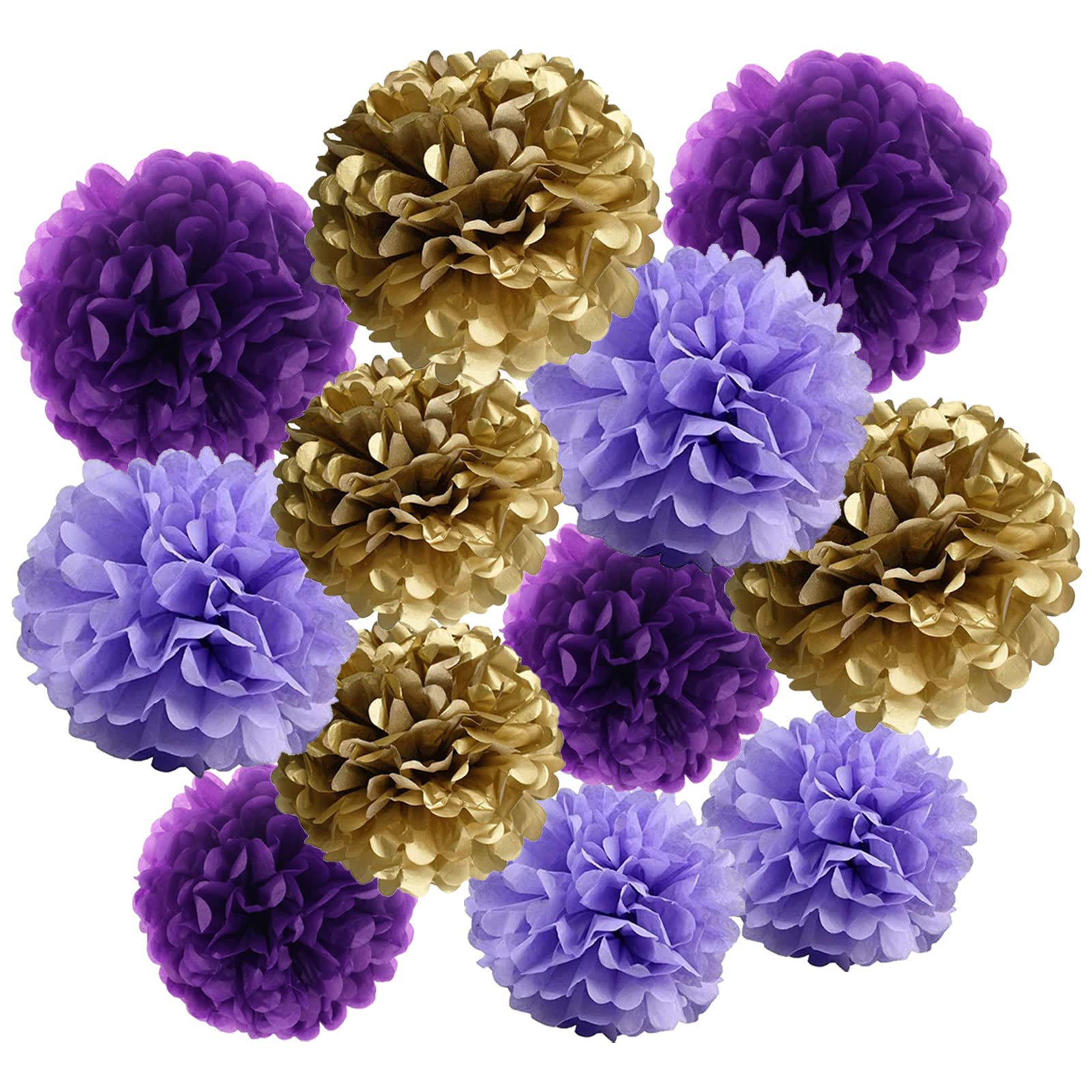 Photo 1 of 12pcs Dark Purple,Light Purple and Gold Paper Pom Poms Decorations for Party Ceiling Wall Hanging Tissue Flowers Decorations - 3 Colors of 12 Inch, 10 Inch.