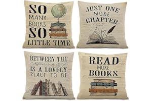 RYKEEN Book Lover Throw Pillow Covers 18x18 Inch，Set of 4 Reading Nook Decorate Pillow Covers Classroom Pillowcase for Kids Reading Room Library Study(18x18 Inch)