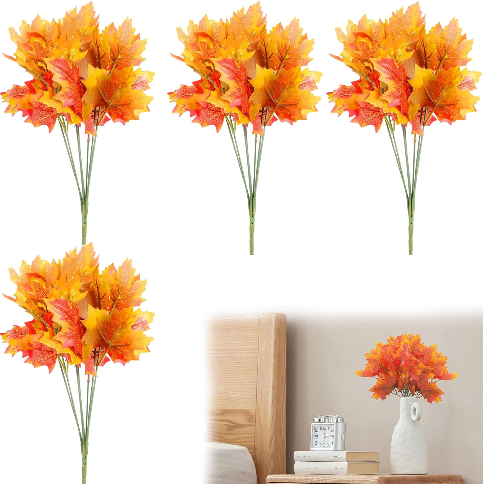 4 Bunches Artificial Maple Leave Branches, Autumn Artificial Maple Leaf, Autumn Leaves Decorations, Fall Decorations for Fall Vase Decoration Indoor Home Shrubs Wedding Thanksgiving Party