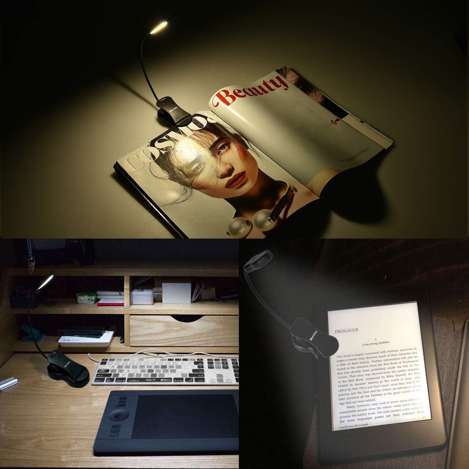 Rechargeable Book Light, Merisky LED Clip on Reading Light for Book in Bed, 3 Color × 3 Brightness, Up to 60 Hours Eye Care Reading, Warm & White, Perfect for Kids, Bed Headboard & Travel - - 