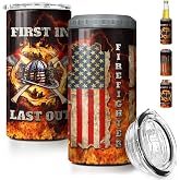 SANDJEST Firefighter Tumbler American Flag 4 in 1 12oz Tumbler Can Cooler Coozie Skinny Stainless Steel Tumbler Gift for Firemen Fire Department Dad Men Father Graduation Retirement