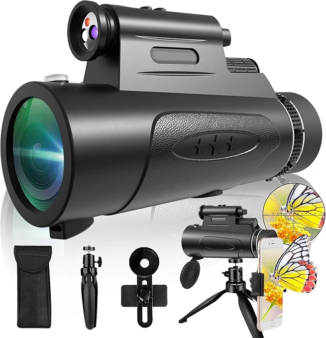 Monocular Telescope with Lights HD Monoculars 80x100 for Adults High Powered Monocular for Hunting with Smartphone Holder & Tripod, Handheld Telescope Suitable for Bird Watching Stargazing-Black