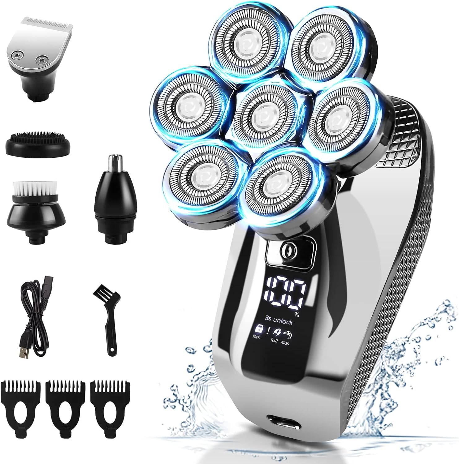 Head Shavers for Men 7D, Cordless Bald Head Shaver Wet&Dry Waterproof Electric Razor for Men with LED Display, 5 in 1 Rotary Mens Head Shaver Grooming Kit with Beard Clippers Nose Trimmer