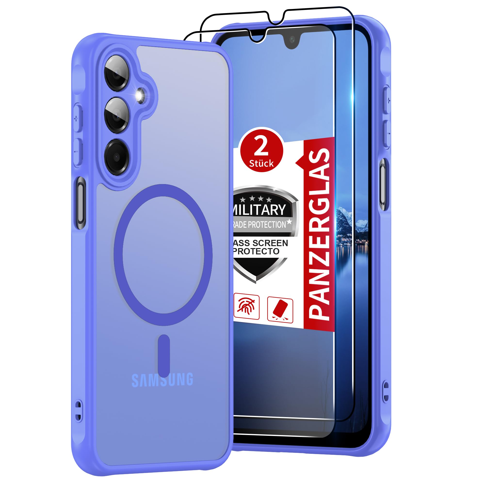 Compatible for Samsung Galaxy A16 5G Phone Case: A16 Case with 2PC Tempered Glass Screen Protector, Wireless Charging Matte Translucent Soft-Touch & Full Body Shockproof para Case Galaxy A16,Sky Blue