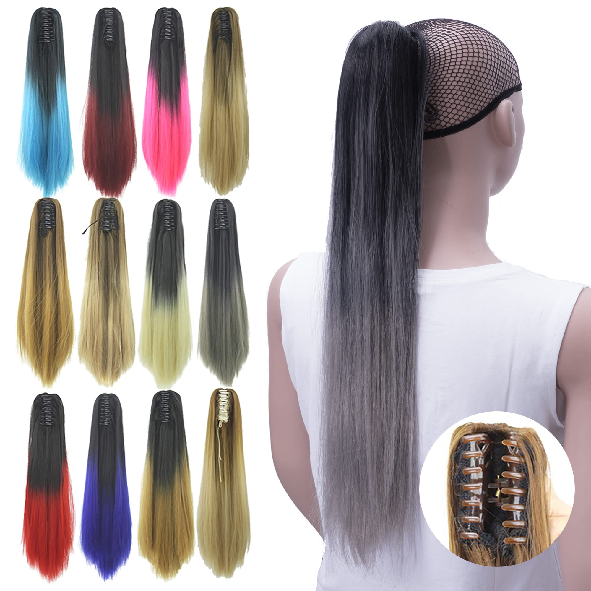 IMISSU Straight Clip on Hairpiece Extensions Pony Tail Clip Claw Ombre Ponytail Hair Pieces (Ombre Grey)