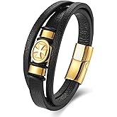 BIYONGDE Mens Black Leather Cross Bracelet, Three Strand Black and Gold Bracelet for Men with Celtic Cross Symbol, Mens Stainless Steel Bangle Bracelet,Classic Christian ID Bracelet