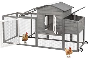 Ketive Wooden 79" Chicken Coop with Wheels Asphalt Roof Nest Boxes Pull-Out Trays - All Solid Wood and Galvanized Wire Mesh Chicken House Against Snakes, Weasels