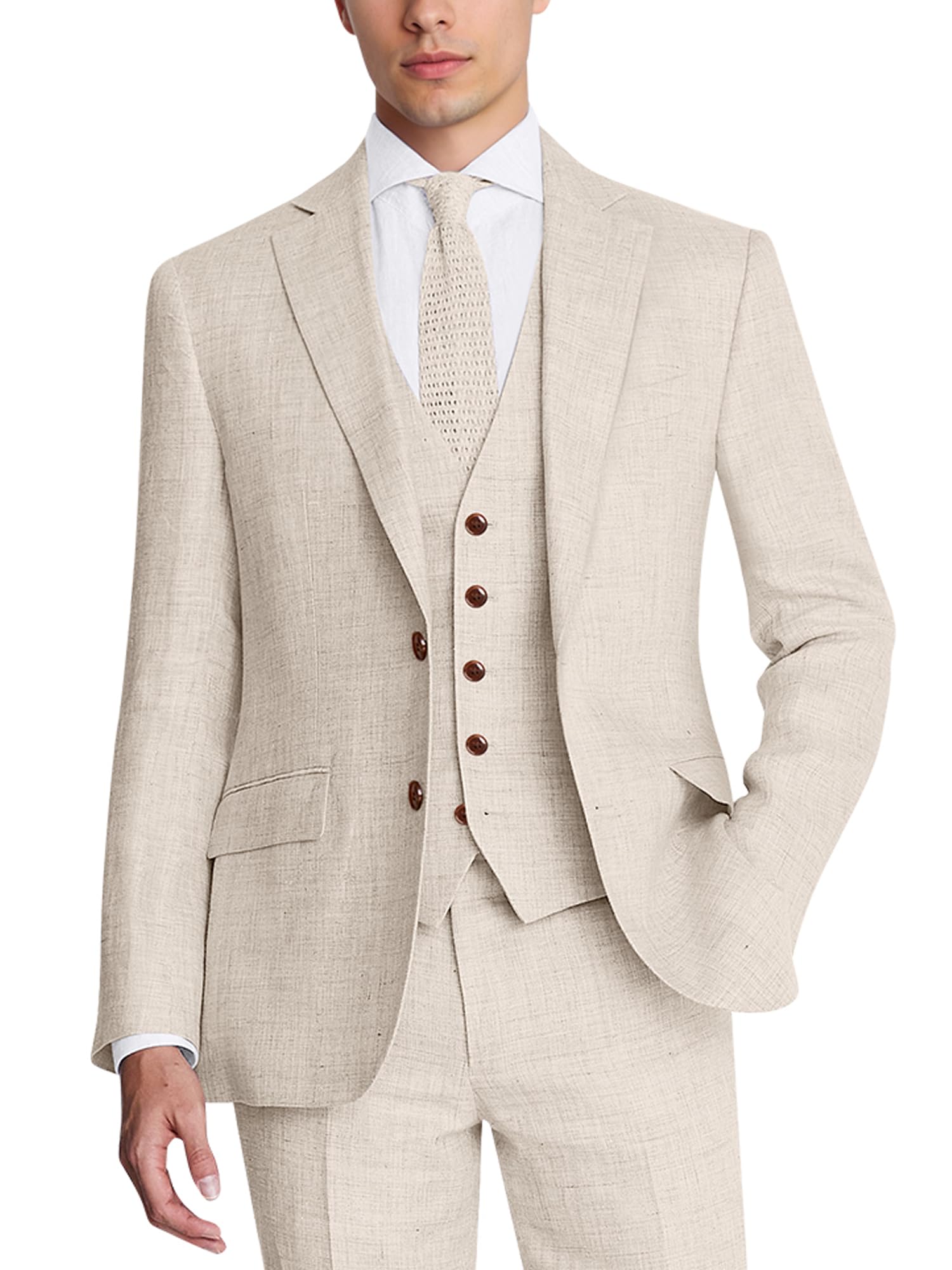 Photo 1 of ZKHOECR Mens Linen Suit Slim Fit 3 Piece Tuxedos for Men Beige Business Casual Suit 2 Button Prom Party Beach Wedding Suits XL