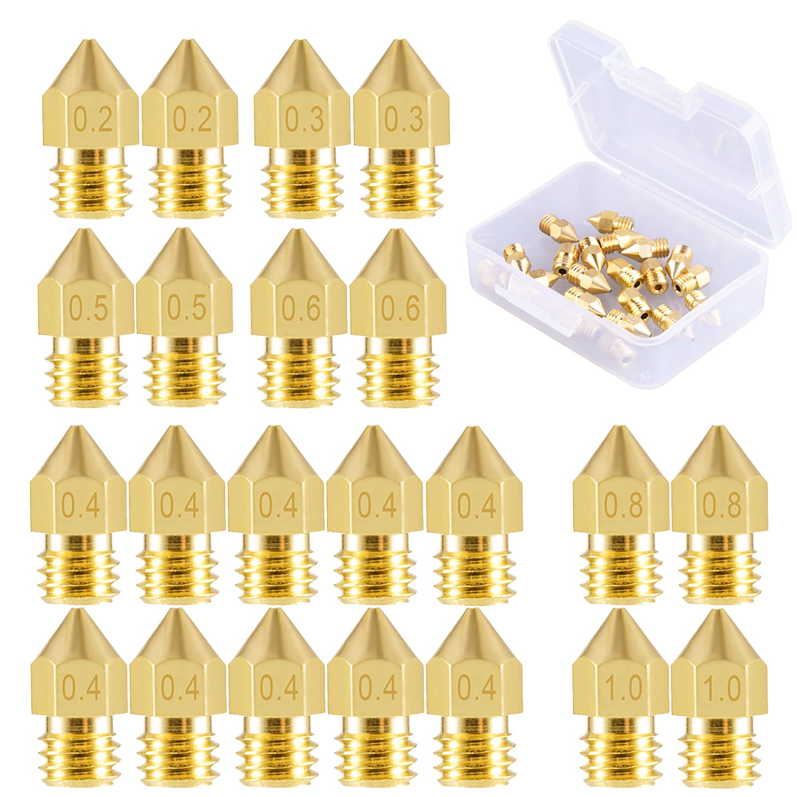 SIQUK 22 Pieces 3D Printer Nozzles MK8 Nozzle 0.2mm, 0.3mm, 0.4mm, 0.5mm, 0.6mm, 0.8mm, 1.0mm Extruder Print Head with Free Storage Box for 3D Printer Makerbot CR-10