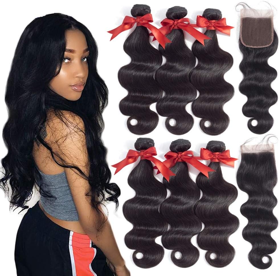 MQYQ Brazilian Human Hair Body Wave Bundles with Closure (10 12 14+10 Free Part), Unprocessed Natural Black 8A Brazilian Human Hair-Body-Wave-Bundles-4×4-Lace-Closure.
