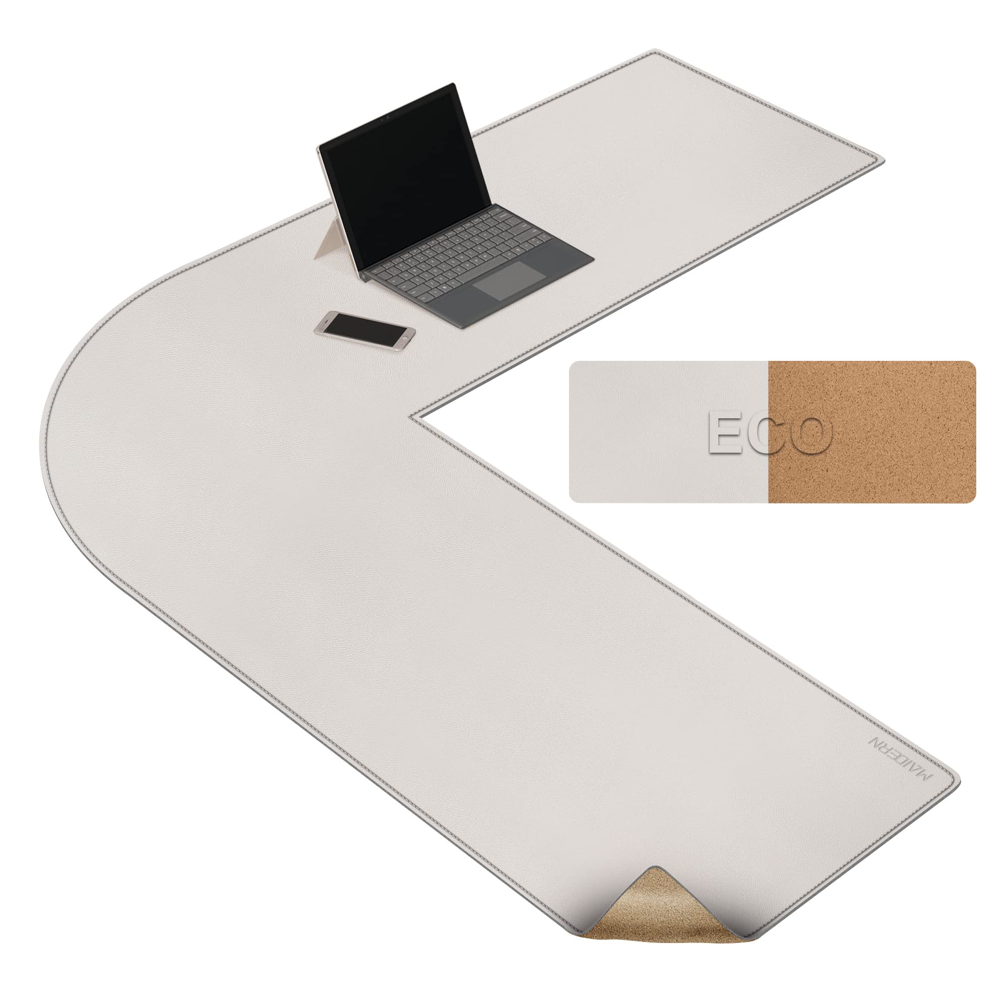 MAIDERN L Shaped Corner Desk Mat, 120x120x40cm Cork & Leather Dual Sided Desk Pad for Gaming Computer Office Home (Cream)
