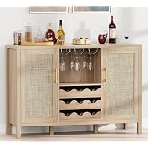OTUTUMUS Rattan Wine Bar Cabinet, Boho Rattan Home Bar with Glass Holder and Drawer Style Racks, Oak Sideboard Buffet Storage Cabinet for Living Dining Room Kitchen