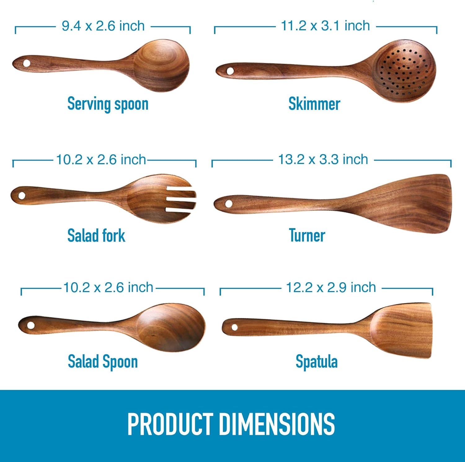 Zulay Kitchen (6 Pc Set) Wooden Utensils For Cooking - Non-Stick Soft Comfortable Grip Wooden Cooking Utensils - Smooth Finish Teak Wooden Spoon Sets For Cooking: Kitchen & Dining