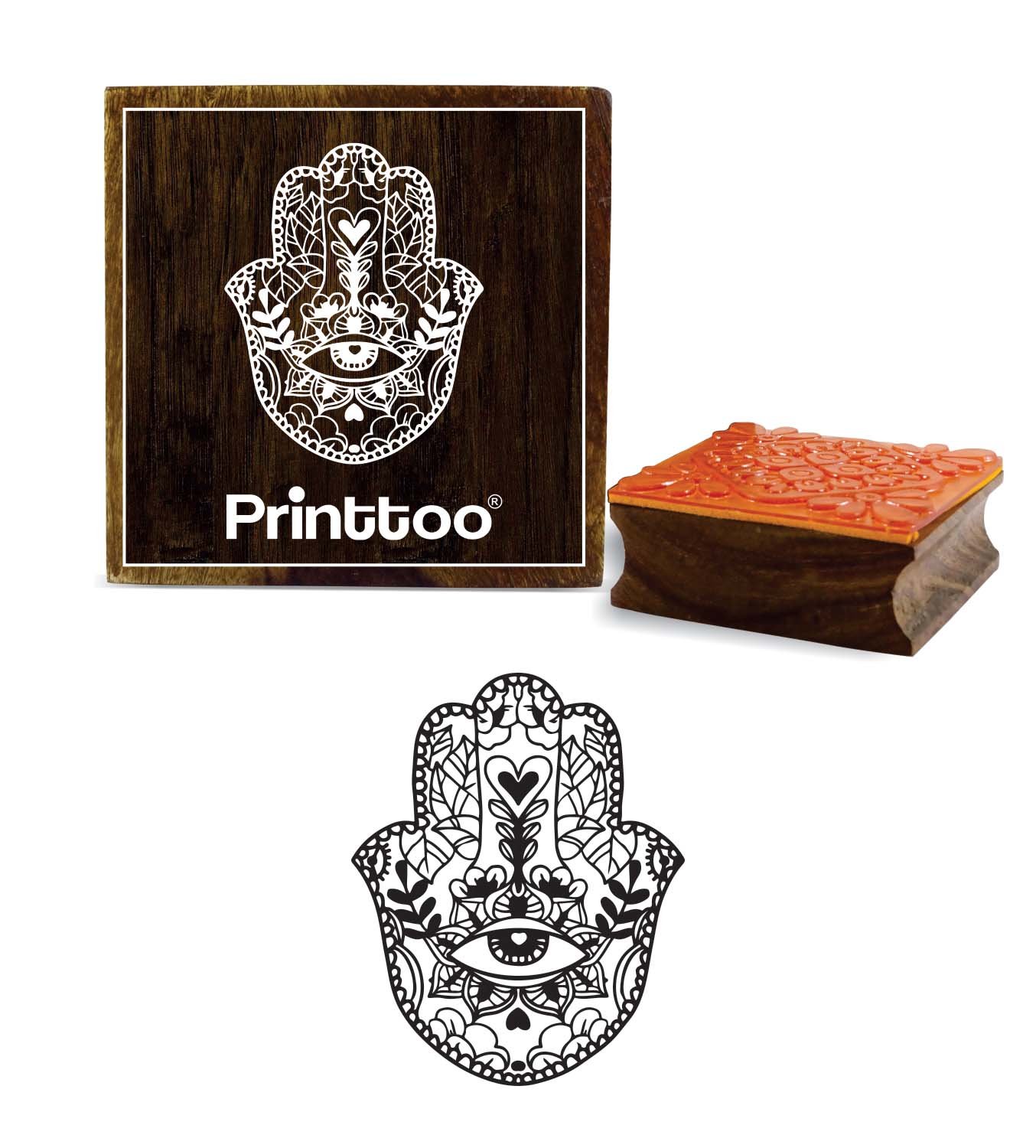Printtoo Textile Stamp Hamsa Hand Pattern Wooden Square Rubber Stamp Scrap-Booking-2 x 2 Inches