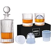 Whiskey Decanter Set with Gift Box - Includes 2 Crystal Bourbon Glasses and 2 Big Ice Ball Molds - Whiskey Glasses Set for Scotch, Cocktails, Rum, Cognac, Vodka - Unique Gift for Men