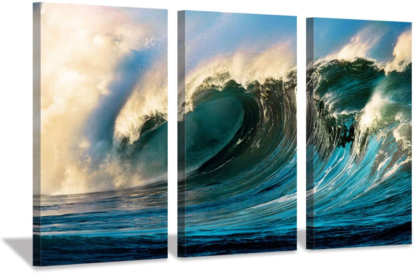 Ocean Wave Pictures Wall Decor: Navy Blue Waves Sunset Seascape Artwork Print on Canvas Wall Art Living Rooms Office (16"x26"x3pcs)