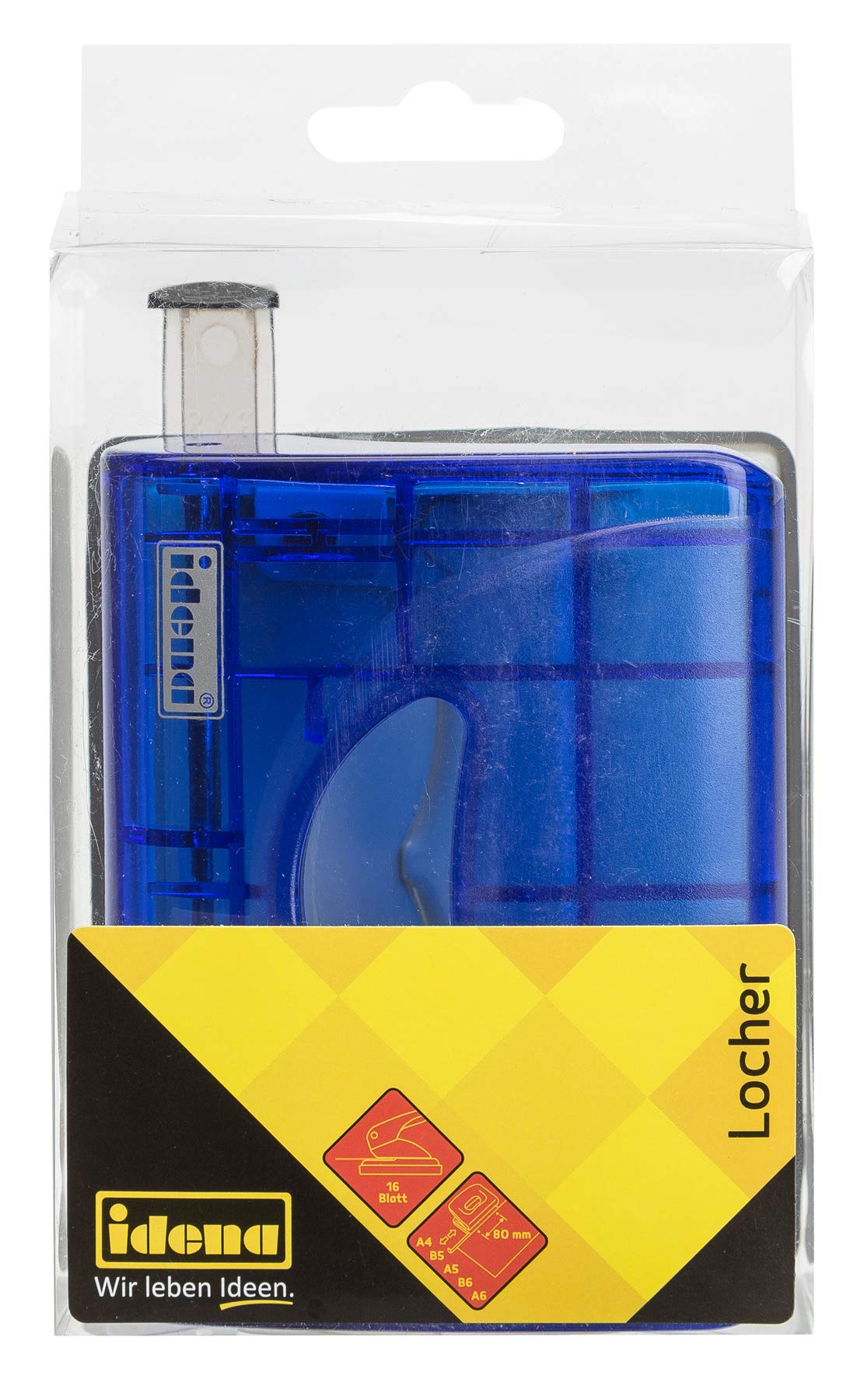 Idena 300750 Hole Punch with Stop Rail, Translucent, 16 Sheets, Blue