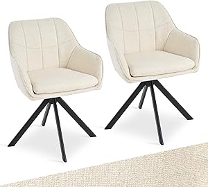 Goeurvant Drehbare Esszimmerstühle 2er Set mit Armlehnen – 360° Drehmechanismus, Polsterstuhl aus Chenille, Moderner Drehstuhl mit Rückenlehne für Esszimmer, Wohnzimmer, Büro, Cremeweiß