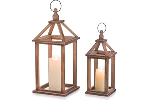 Romadedi Farmhouse Wood Candle Lantern - 12" / 16" Set of 2 Rustic Wooden Lanterns Decorative Candle Holder Home Decor Wedding Table Centerpiece Indoor Outdoor Fireplace Decorations, Brown
