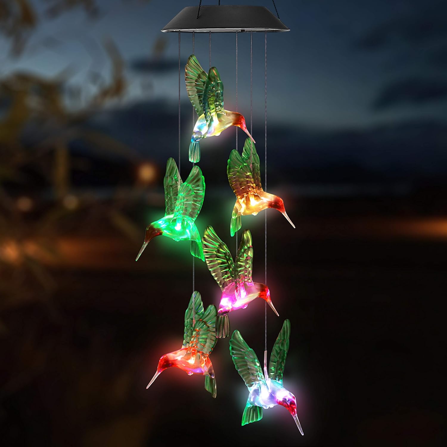 Topspeeder LED Solar Hummingbird Wind Chime, Changing Color Waterproof Six Hummingbird Wind Chimes for Home Party Night Garden Decoration (Green Hummingbird Birds) : Garden & Outdoor