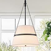 Modern Pendant Light Fixtures Black and White Linen Drum Chandeliers for Dining Room 15.35" 4-Light Adjustable Ceiling Hangin