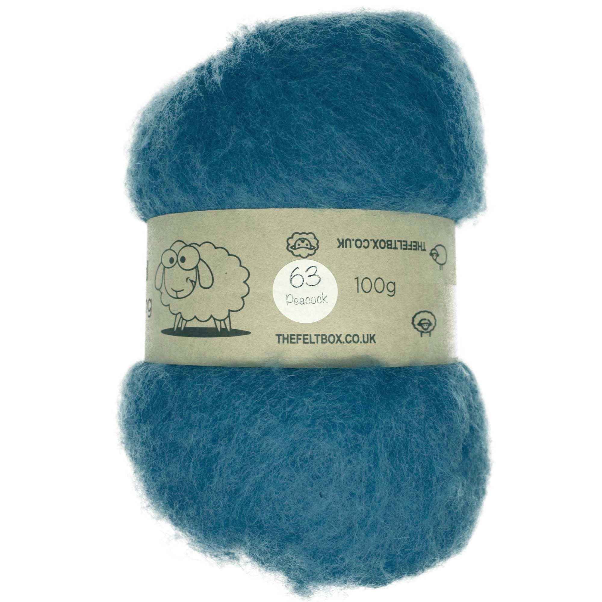 Carded Wool For Felting, Needle Felting Wool, Wool Batt, Craft Wool, Single Shade (Group C), 100 grams 3.5 Oz (Peacock (63))