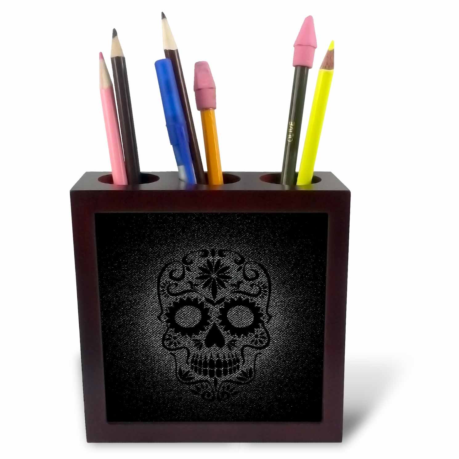 3dRose ph_236813_1 5-Inch Trendy Skull of Horror Tile Pen Holder - Black