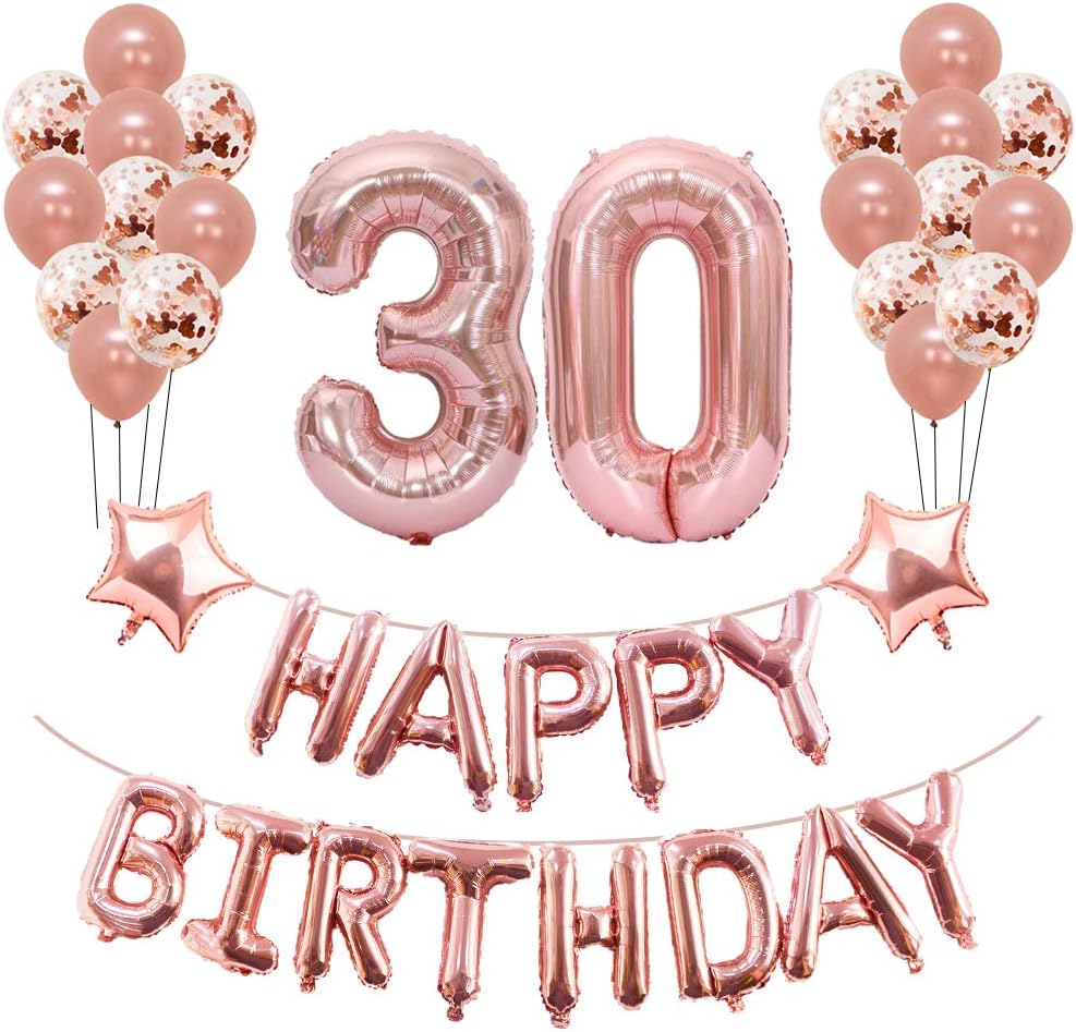 Yoart 30th Birthday Decorations Rose Gold for Women and Girl Party Supplies 39 Piece with Happy Birthday Banner Confetti Latex Balloons Star Foil Balloons