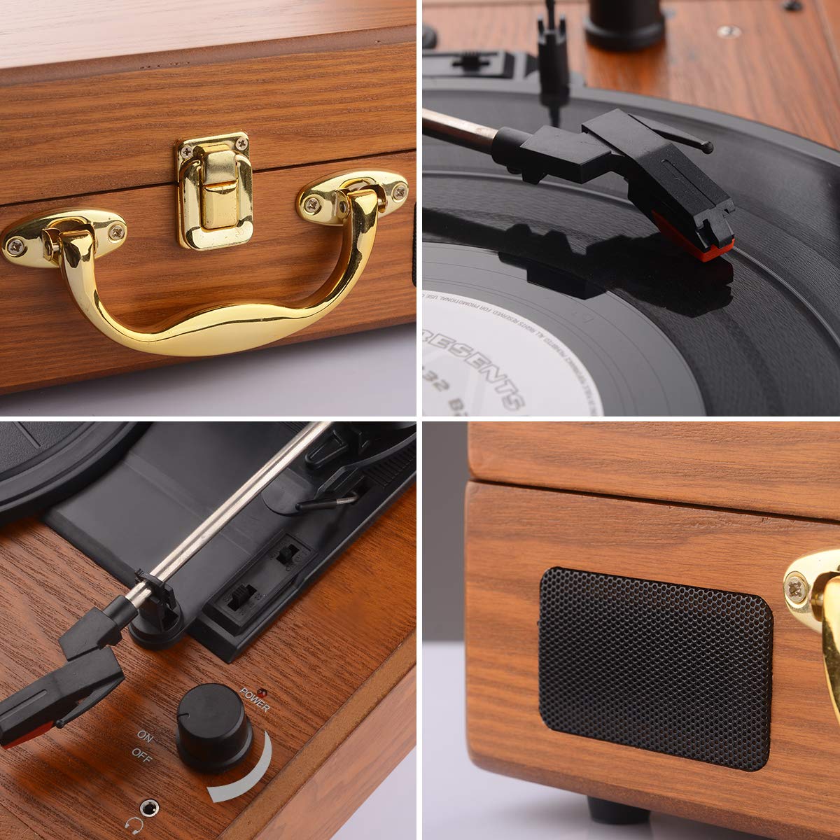 JORLAI Vinyl Record Player, 3 Speed Suitcase Turntable with Built-in Speakers, PC Recorder, Headphone Jack, RCA line Out - Wood