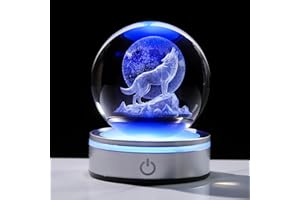 Arikyrist Crystal 3D Wolf 3.15in Ball Figurine Gifts for Men, Collectible Glass Animal Art Sphere for Room with LED Light Base Keepsakes for Wolves Lovers Home Decor Paperweight