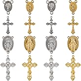 SUNNYCLUE 1 Box 40Pcs 8 Styles Rosary Cross Charms Silver Crucifix Rosary Charm Easter Holiday Gold Tibetan Alloy Oval Chandelier Links Charm for Jewelry Making Charms Supplies DIY Necklaces Crafts