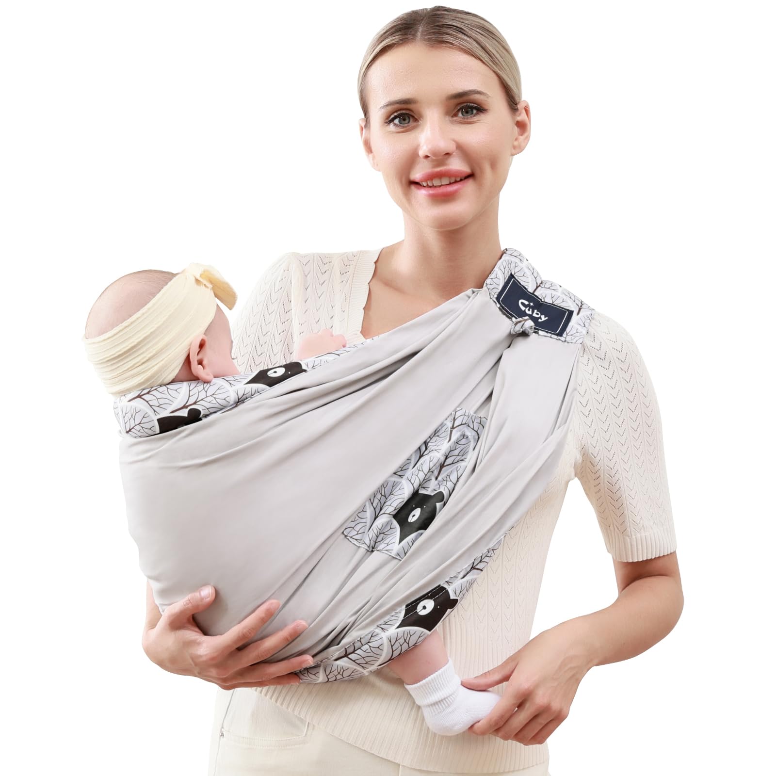 CUBY Baby Sling Carrier, Portable Baby Essentials for Newborn Natural Cotton Adjustable Baby Carriers Sling Comfortable Easy Wearing Nursing for Infant Toddler Wrap Sling (Cotton Grey Bear)