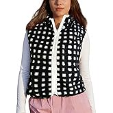 WOWULOVELY Womens Checkered Sherpa Vest Sleeveless Fleece Jacket Coat Lightweight Zip Up Crochet Plaid Gilet with Pocket