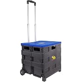 dbest Products Quik Cart Standard Collapsible Rolling Crate - Blue Lid | with Wheels, Roll Up to 80 lbs Capacity, Heavy Duty Plastic Construction, Telescoping Handle, Foldable Utility Cart