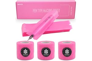 Tattoo Machine Pen Covers Pink with Self Adhesive Tape,Denergy 200pcs(2 × 7 inch) Microneedling Pen Cover with 3Rolls Tattoo Grip Tape Wrap Cover for Wireless Tattoo Pen Machine (Pink Sleeves+3Rolls)