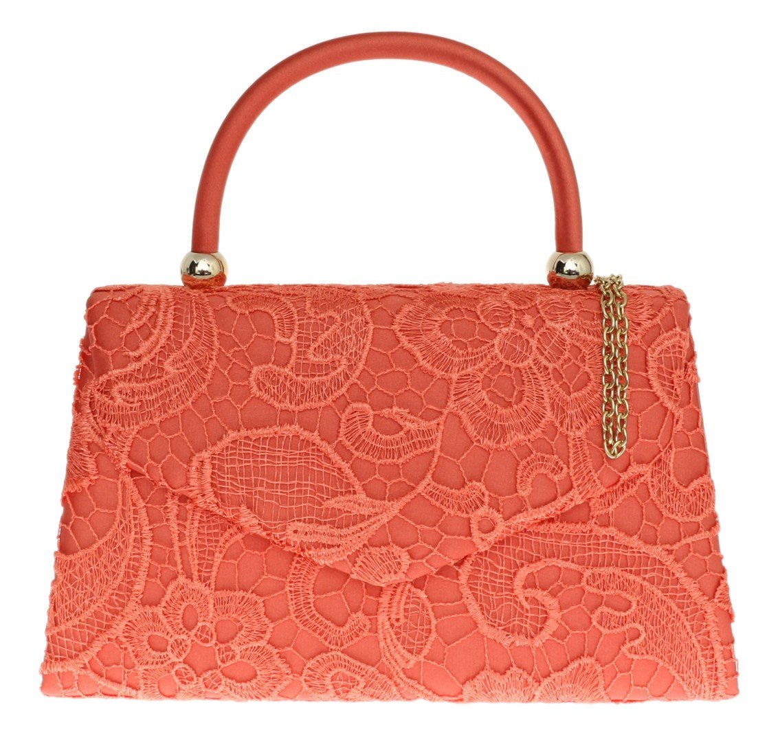 Girly Handbags Womens Lace Satin Top Handle Clutch Bag (Coral)