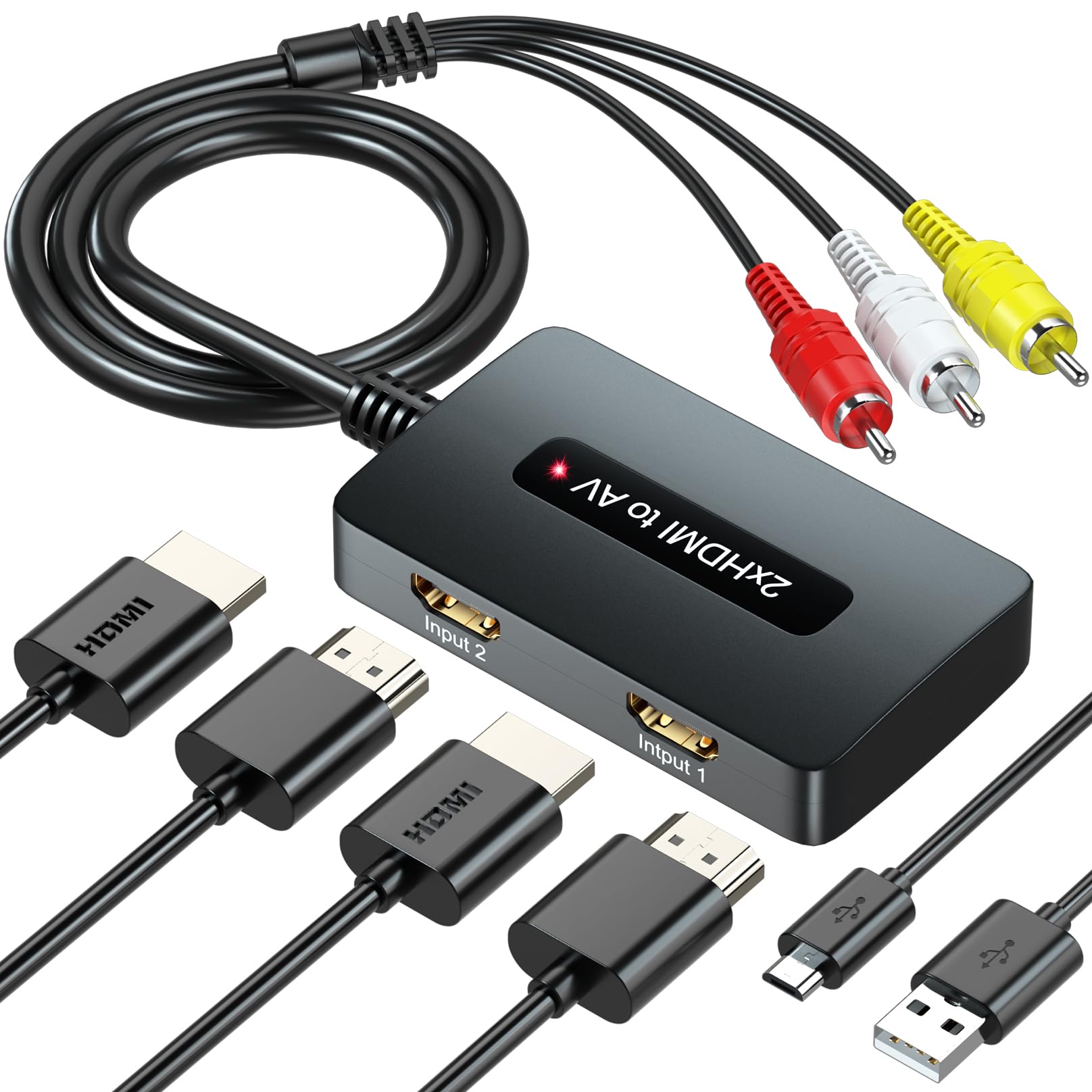 Dual Port HDTV to RCA Converter, 2 HDMI to Composite AV CVBS Adapter for Older TV, 2 port HDMI input Select one to convert to AV output