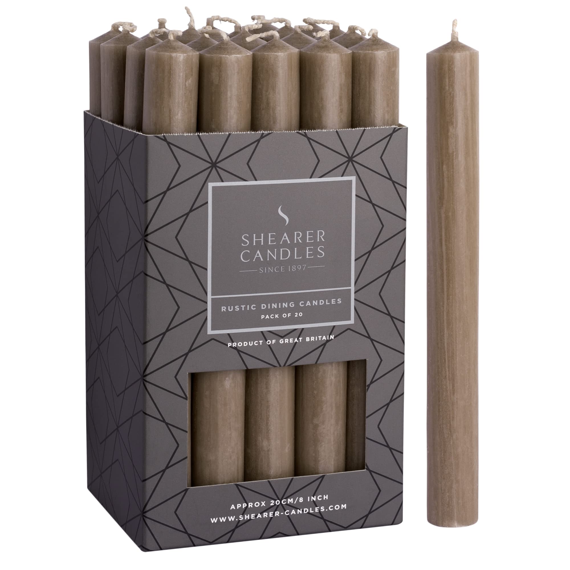 Shearer Candles Taupe - Dinner Candles - 8 inch - Unscented Dinner Candles - 8 Hour Burn Time - 20 Pack