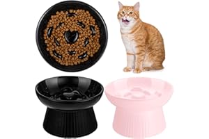 Tioncy 2 Pcs Raised Cat Slow Feeder Bowl Ceramic Elevated Cat Dog Food Bowl No Spill High Edge for Dry Wet Food and Water Easy to Clean, Dishwasher Safe (Black,Pink)